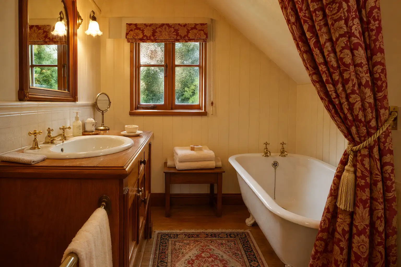 Bathroom with a roll-top bath, wooden vanity, brass fittings and cottage window