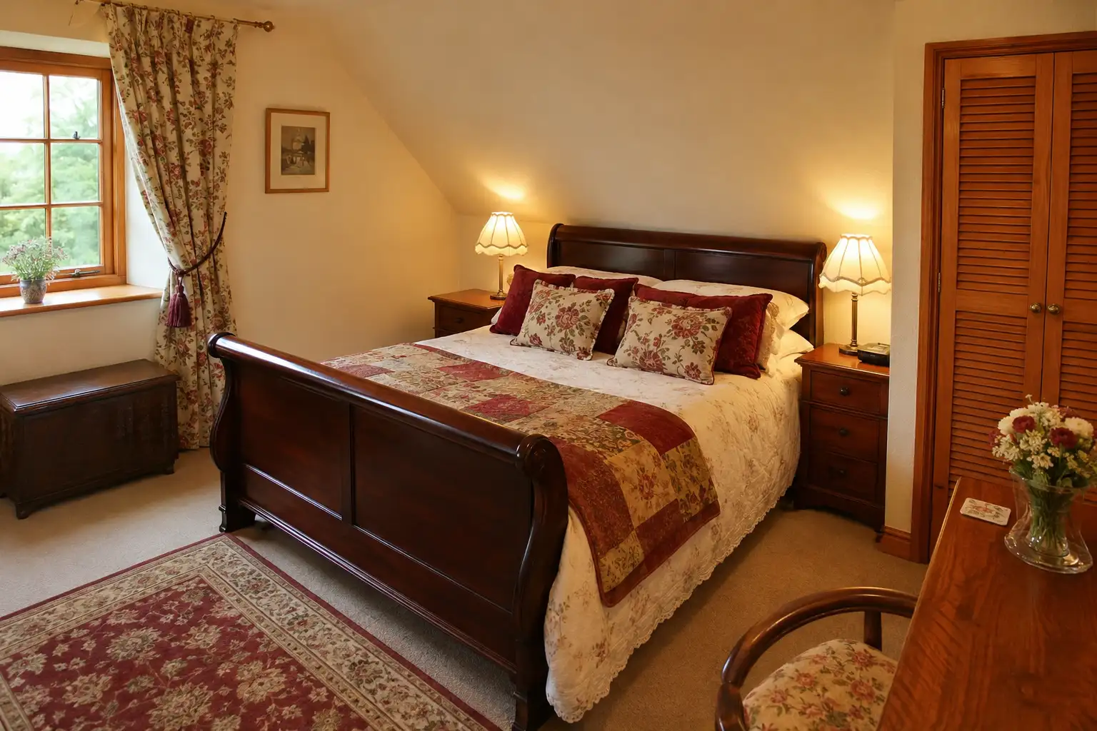 Double bedroom with a mahogany sleigh bed, floral quilt, bedside lamps and cottage window