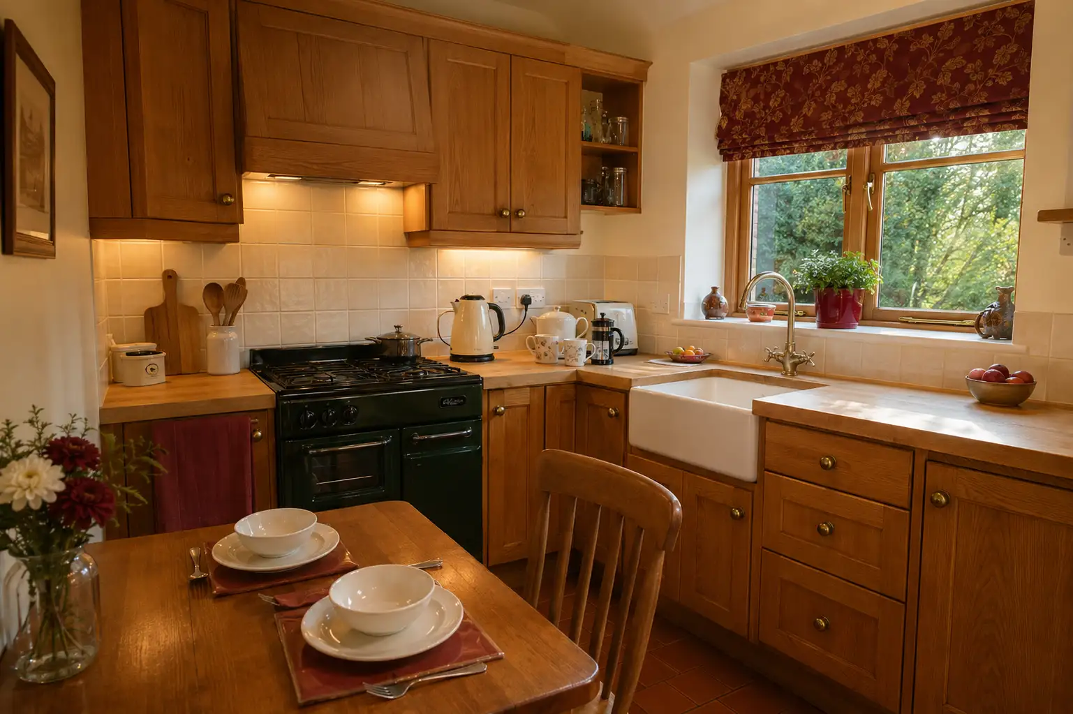 Well-equipped cottage kitchen with oak units, range cooker, Belfast sink and a small dining table laid for breakfast